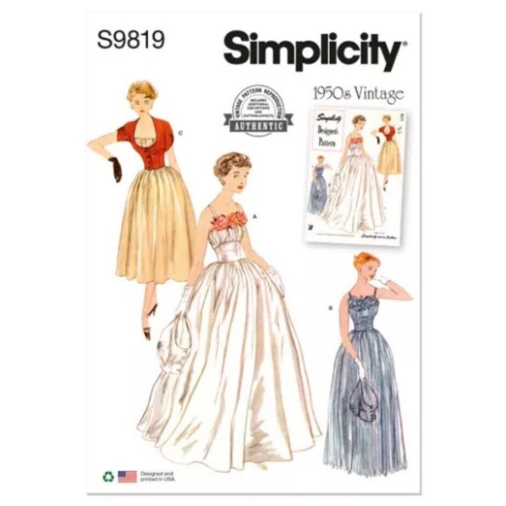 Simplicity Pattern 9819 Vintage 50s Long Gown Tea Length Dress Jacket Sizes 8-16 - Picture 1 of 6